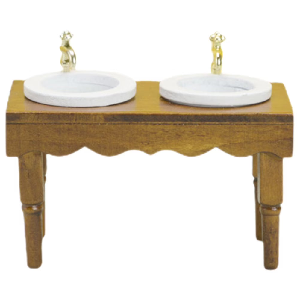 Walnut Color Double Basin Wash Sink Dollhouse Miniature Furniture S16893