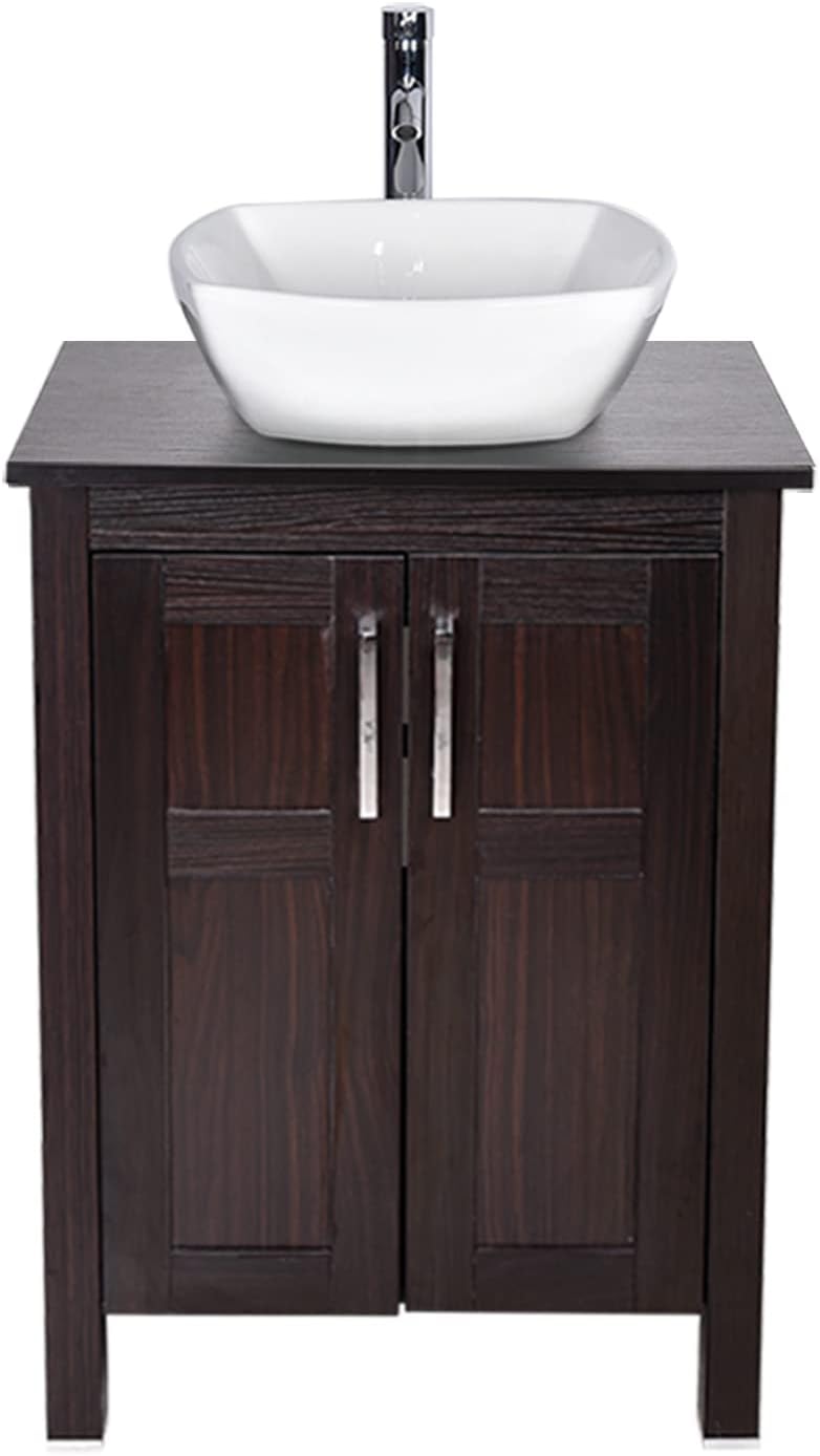 Dark Coffee 24 Inches Single Bathroom Vanity with 2-Door Cabinet and Tempered Glass Sink Top D63213