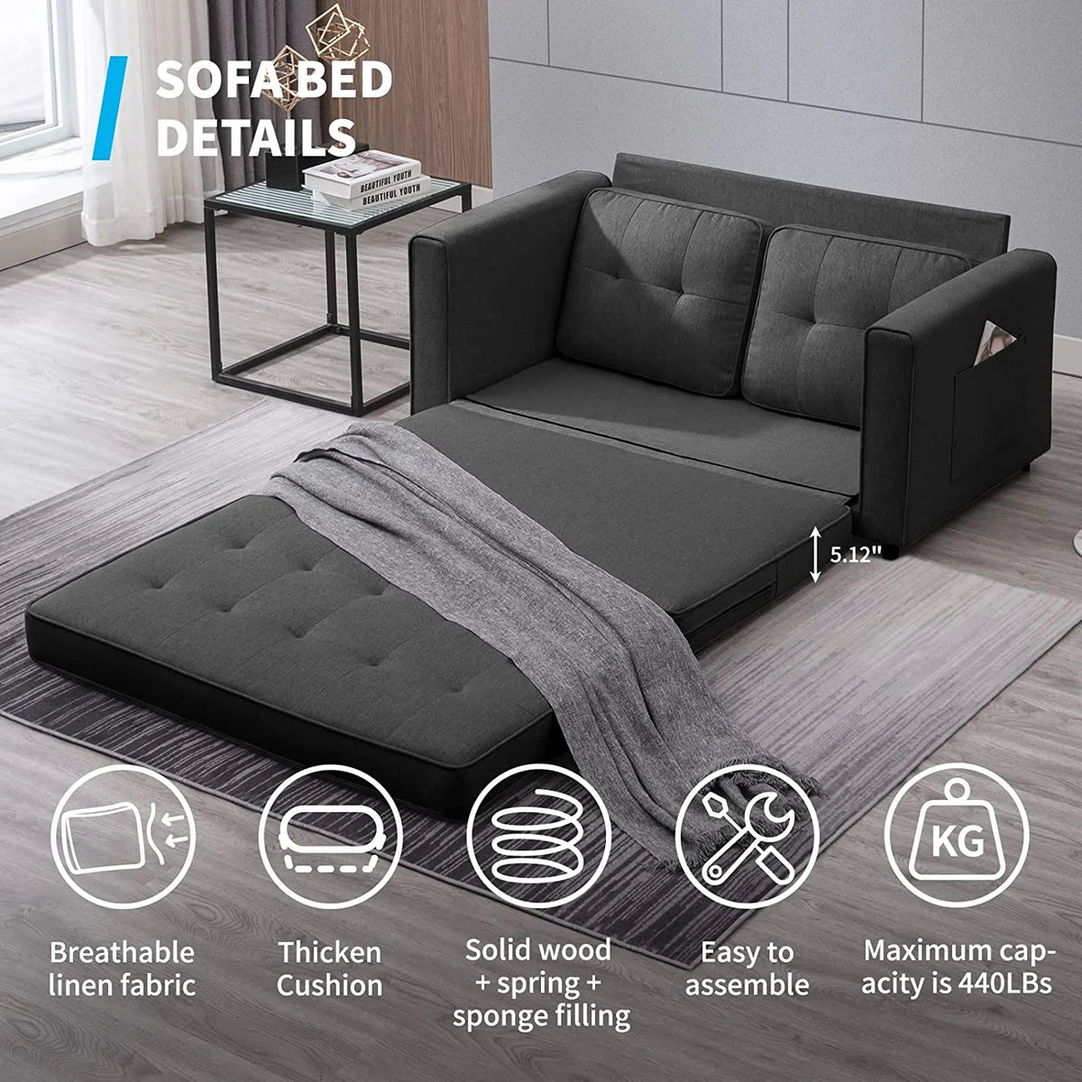 Dark Grey 3-in-1 Sleeper Sofa Bed G827451