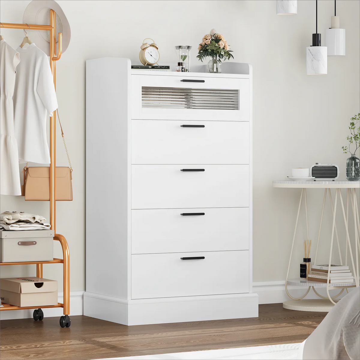 White 5 Drawer Glass Panel Wood Dresser T6354
