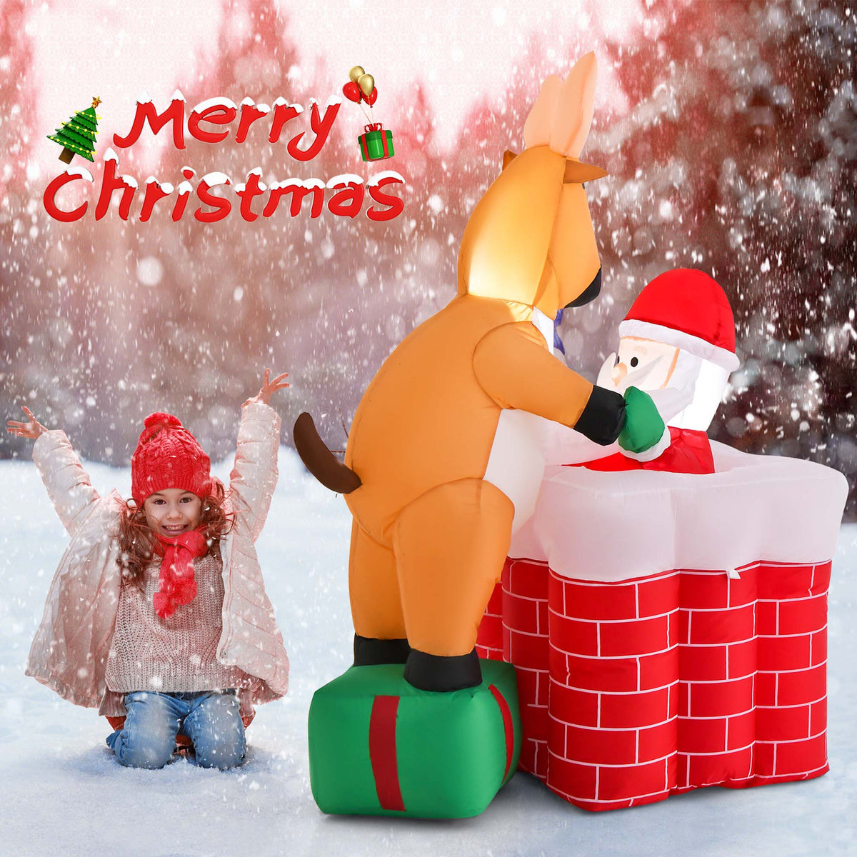 5 FT Christmas Inflatable Santa Claus Climbing Chimney Reindeer B19970