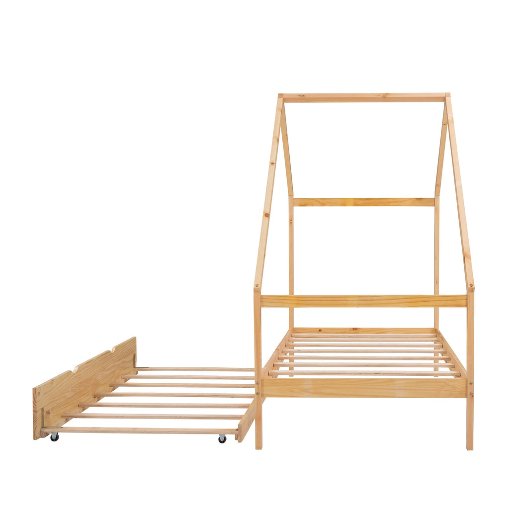 Twin Size Wooden House Bed with Trundle J3617
