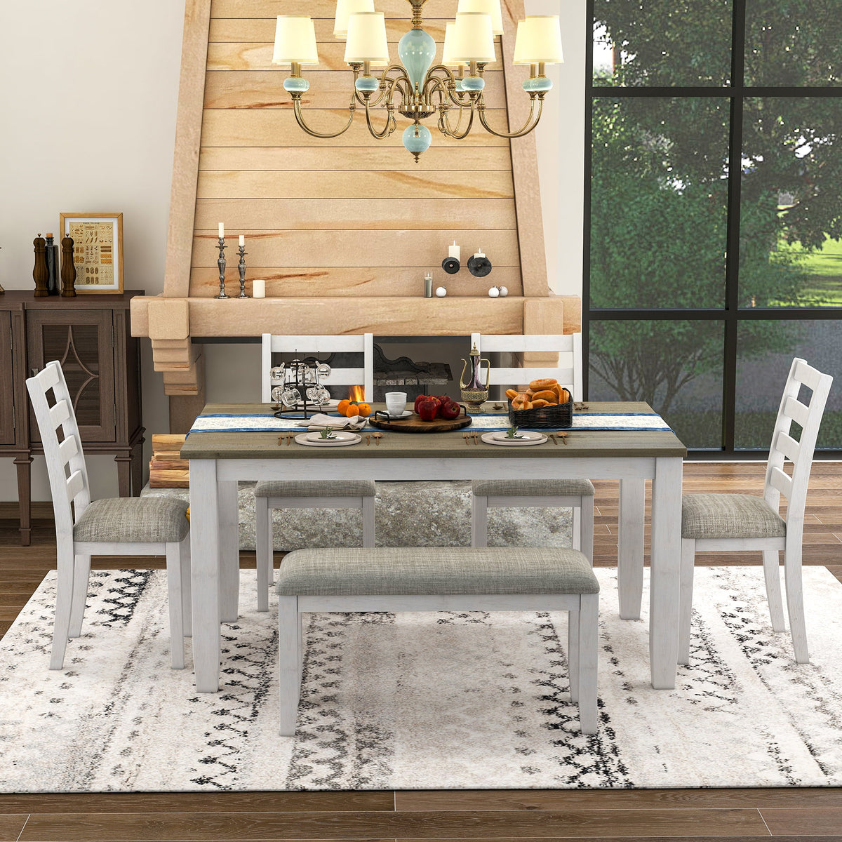 6-Piece Dining Table Set with 4 Upholstered Chairs and Bench Y3280