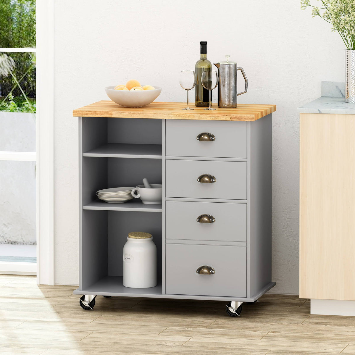 Natural + Black Kitchen Cart with Wheels V876