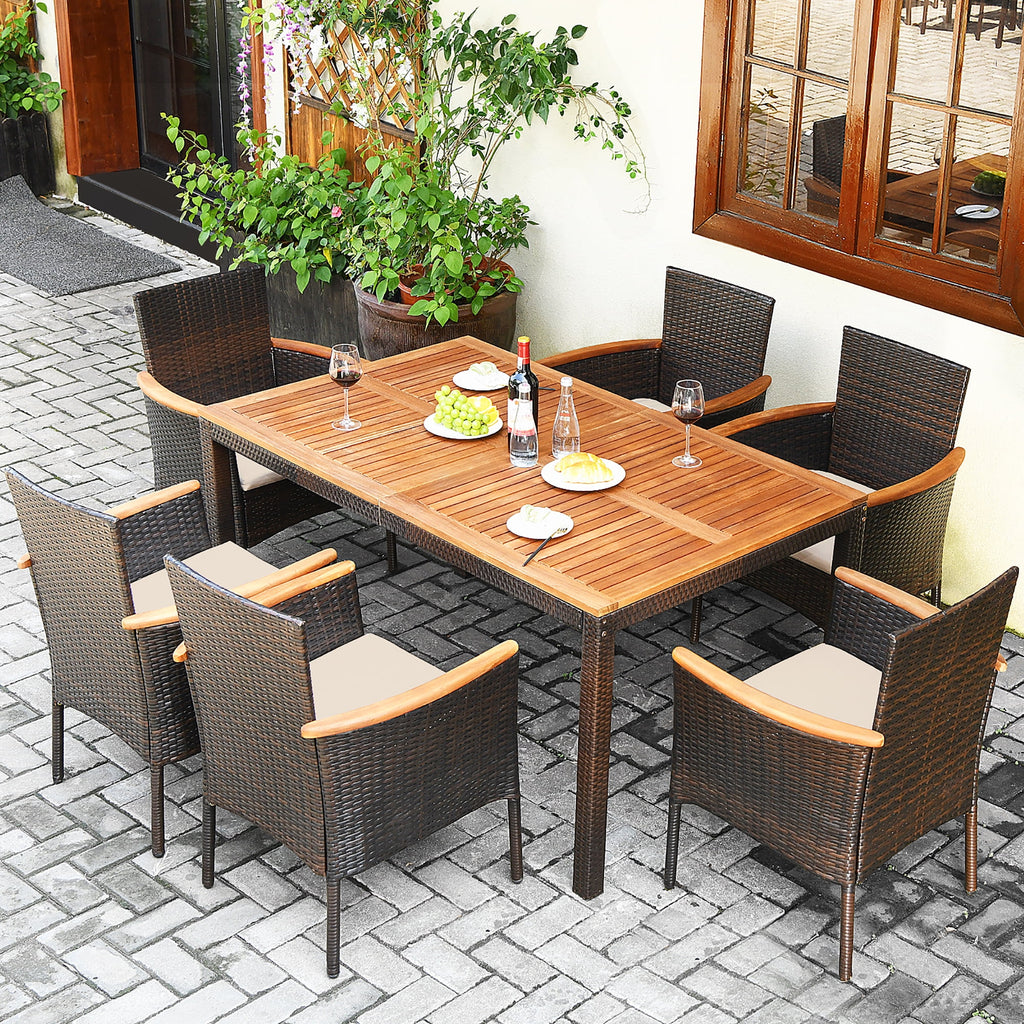 7 Pc Patio Rattan Dining Set Cushioned Chair Wooden Tabletop U7356