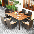 7 Pc Patio Rattan Dining Set Cushioned Chair Wooden Tabletop U7356