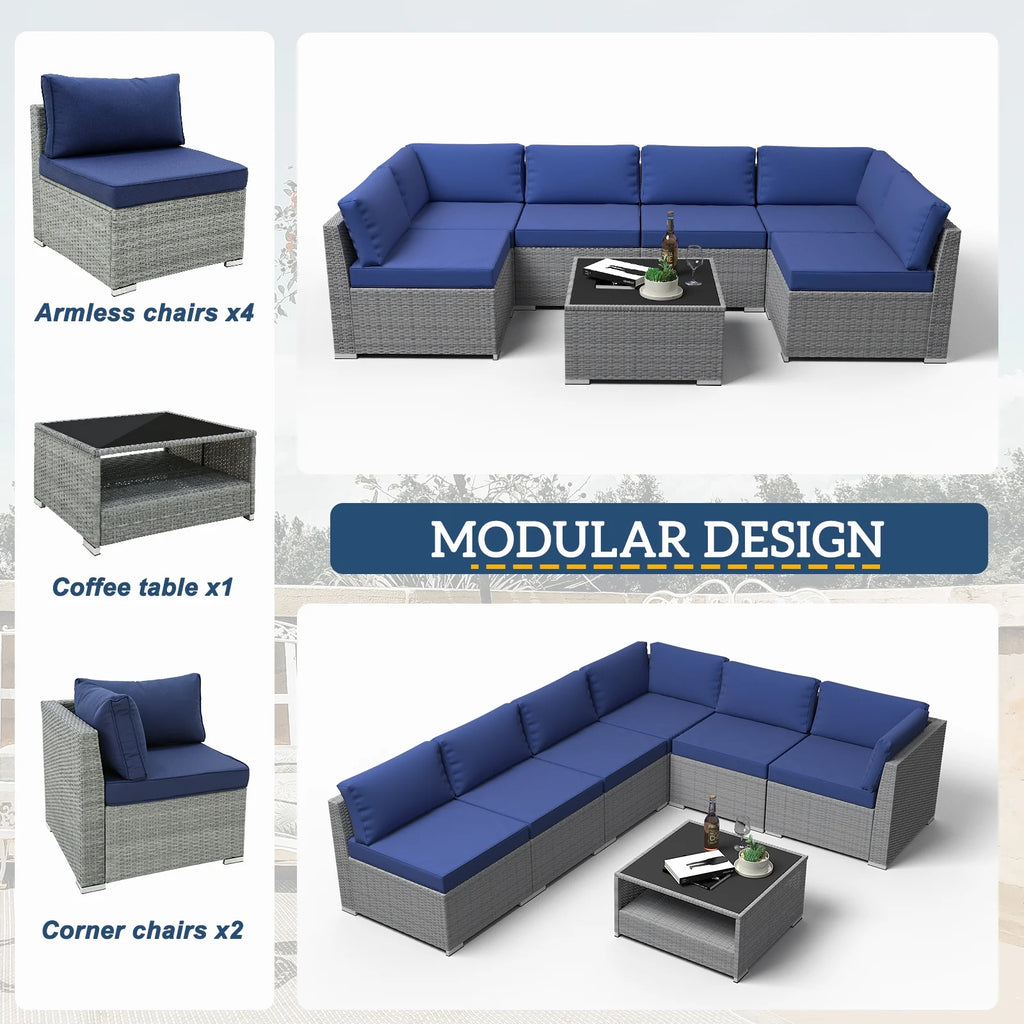 7 Piece Outdoor Wicker Patio Furniture Set with Coffee Table, Dark Blue A4165