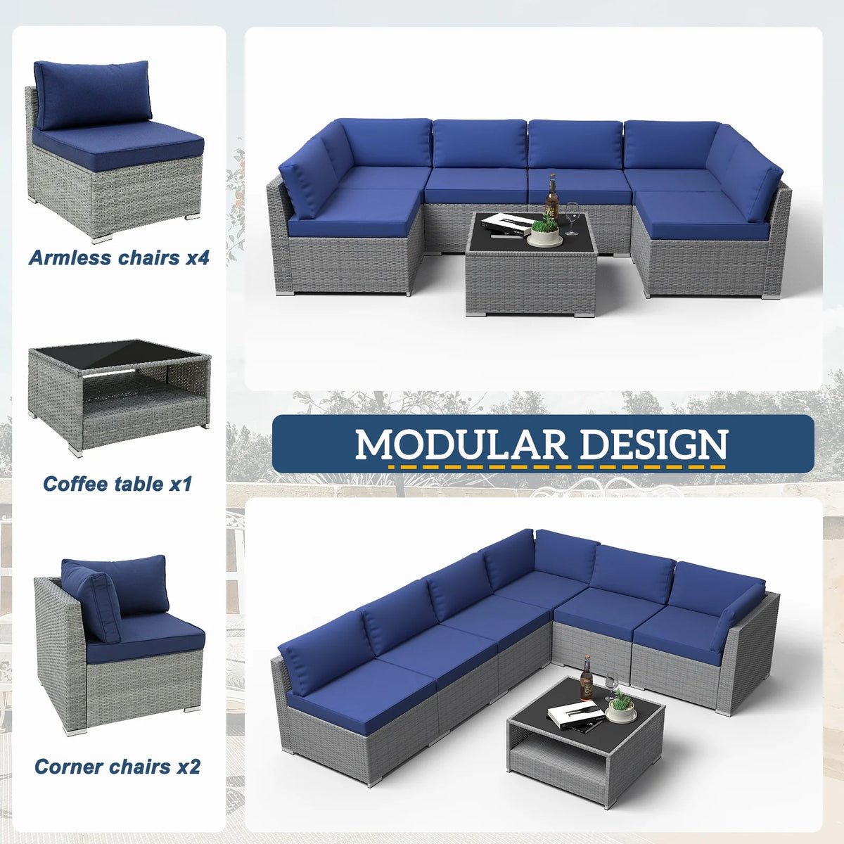 7 Piece Outdoor Wicker Patio Furniture Set with Coffee Table, Dark Blue A4165