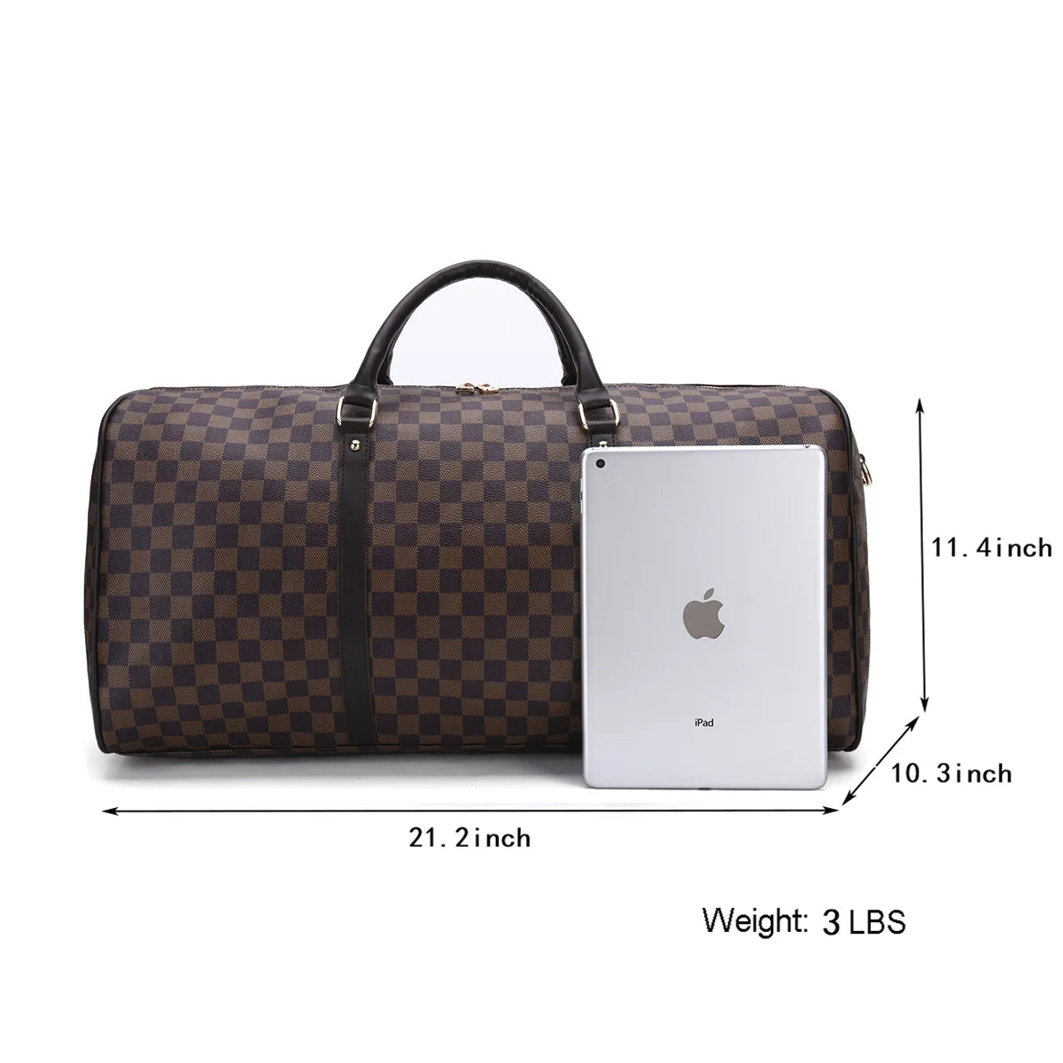 Brown Checkered Travel Duffel Bag Y696520