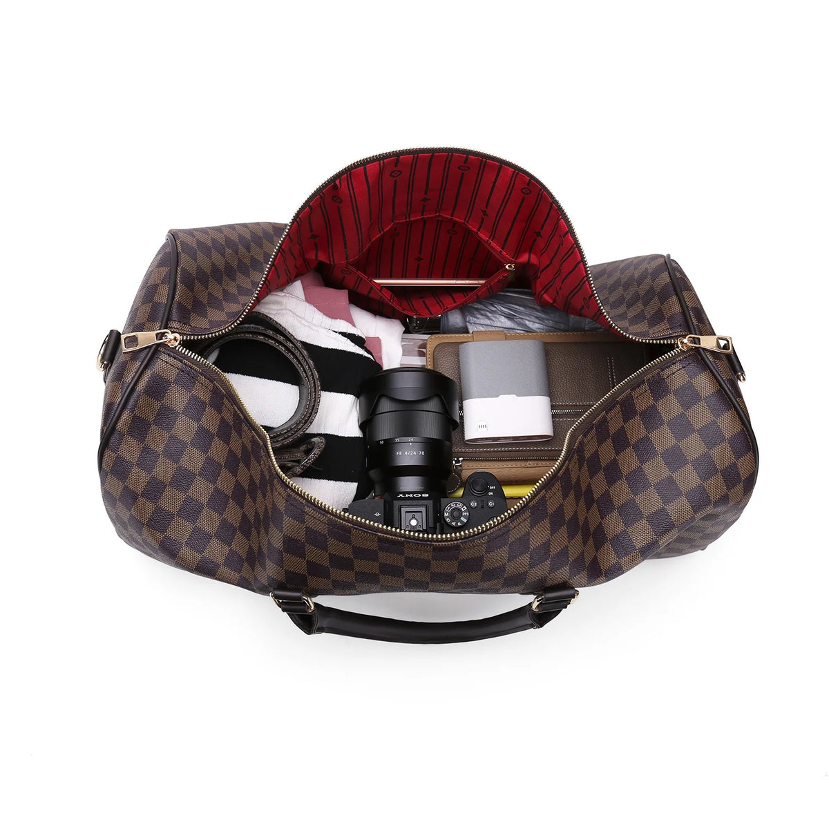 Brown Checkered Travel Duffel Bag Y696520