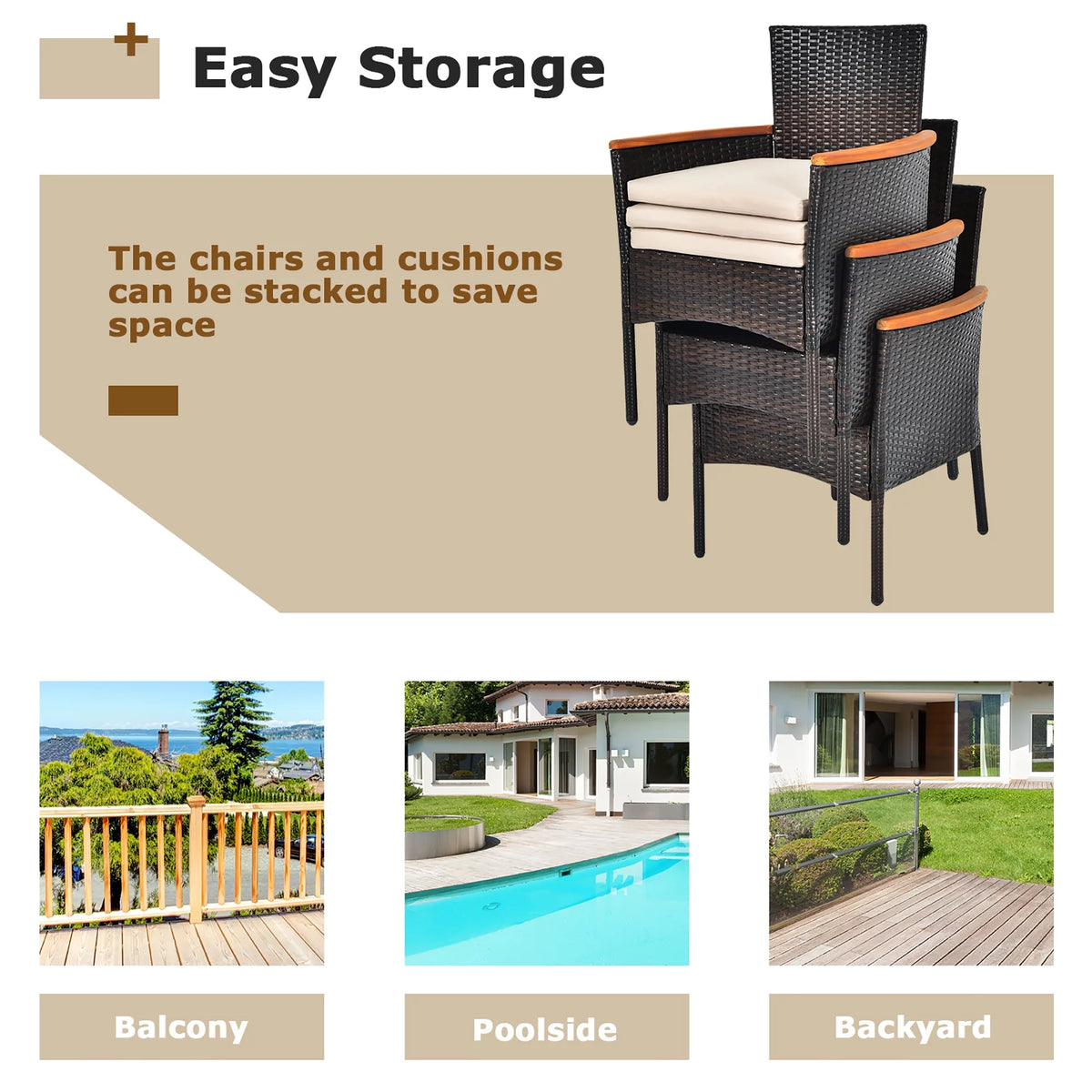 7 Pc Patio Rattan Dining Set Cushioned Chair Wooden Tabletop U7356