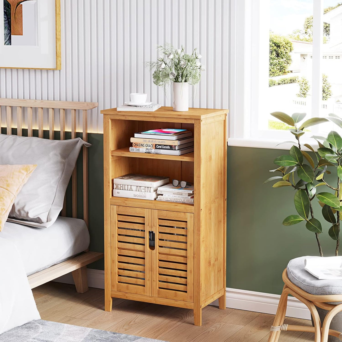 Bamboo Storage Cabinet with Double Doors and Open Shelves E4708