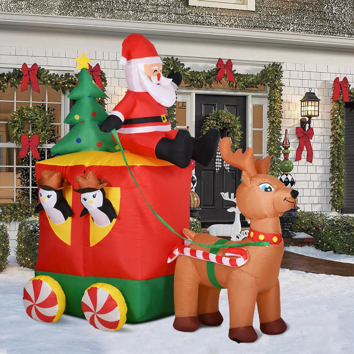 6.2FT Inflatable Elk with Santa Claus Penguin and Christmas Tree Outdoor Yard Decoration G3625
