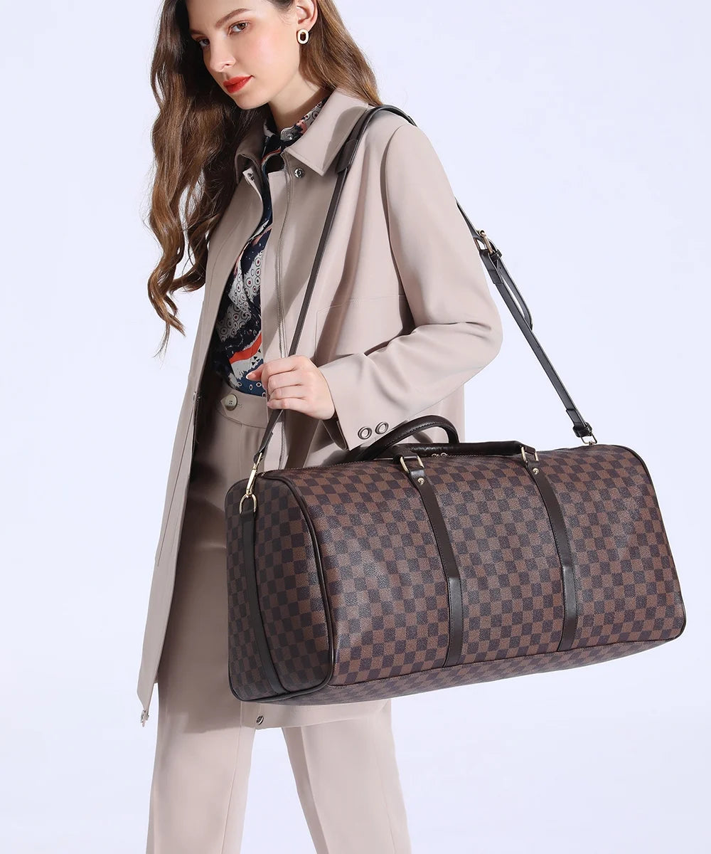 Brown Checkered Travel Duffel Bag Y696520