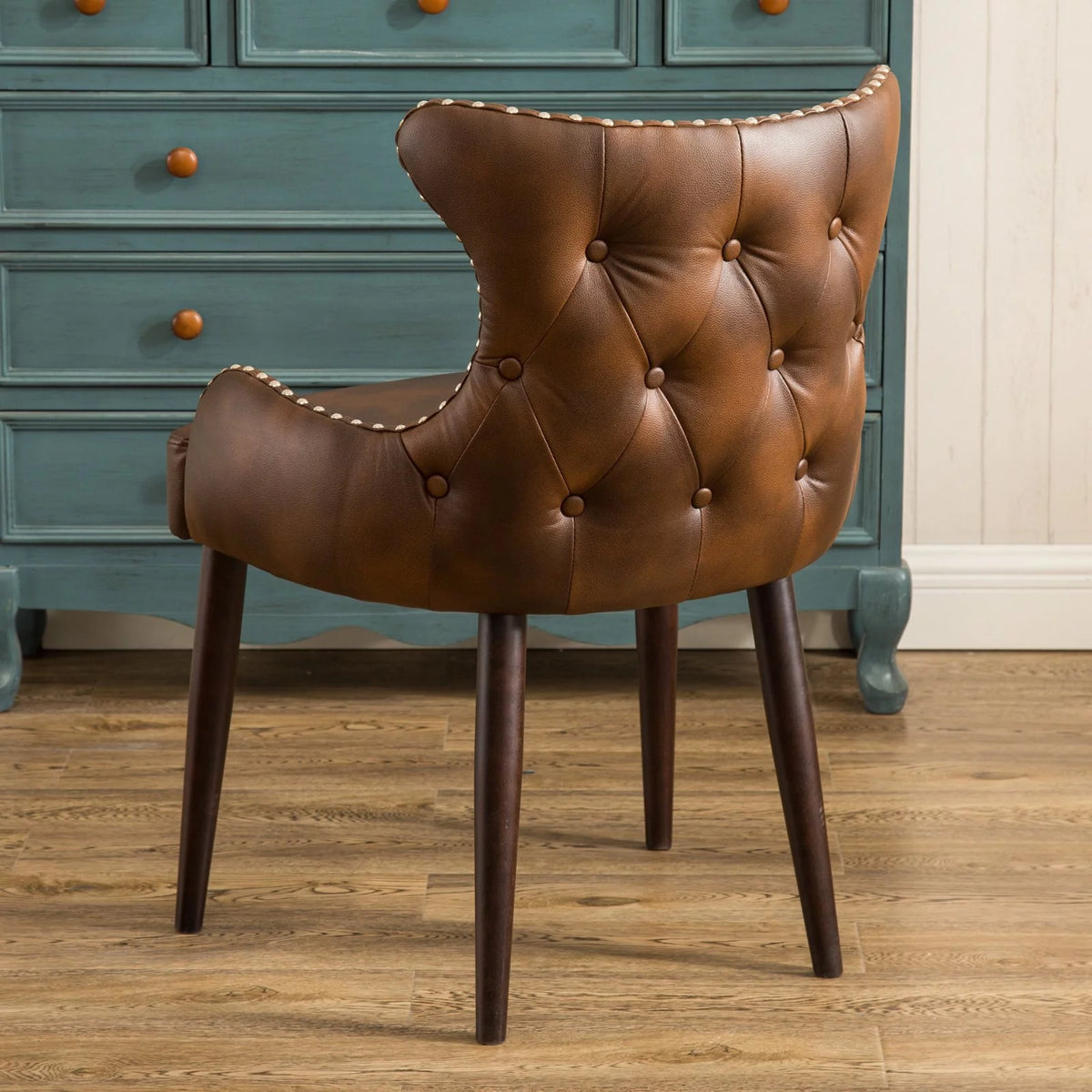 Tufted Button Back Barrel Chair with Nailhead in Brown V2226