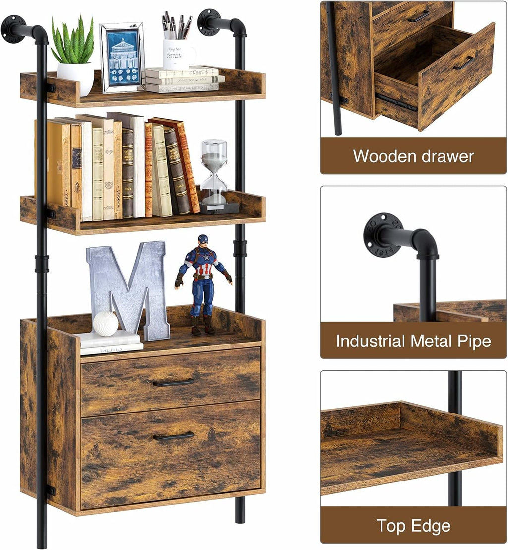 Industrial Bookshelf with 2 Wood Drawers, Wall Mounted 3-Tier Bookcase, Rustic Brown C9893