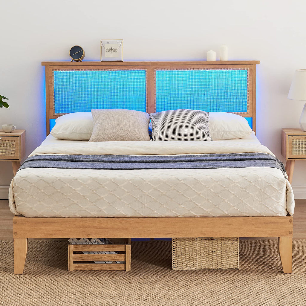 Full Size Platform Bed Frame with Rattan Headboard and Storage P665