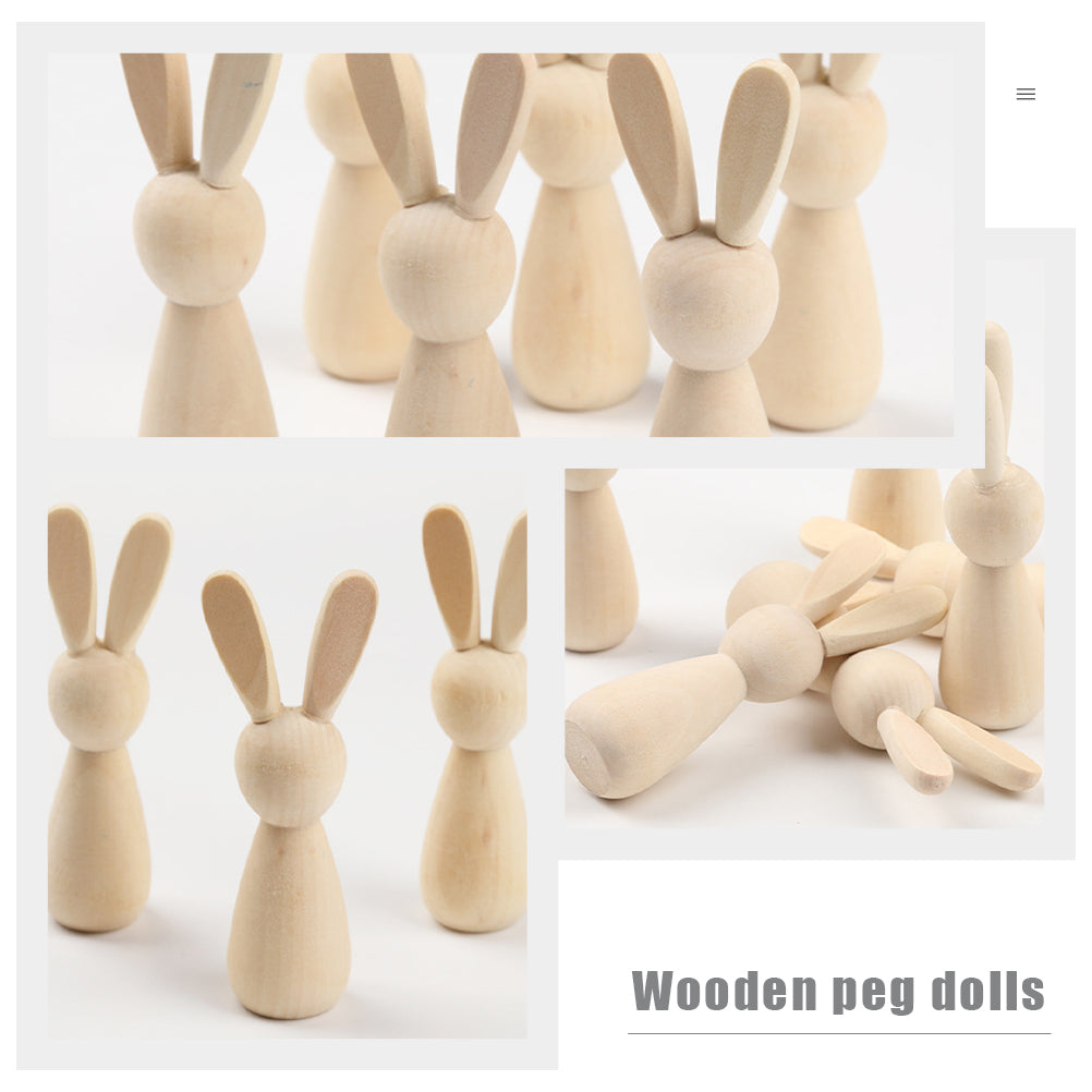 6Pcs Unpainted Natural Wooden Bunny Dolls S4439