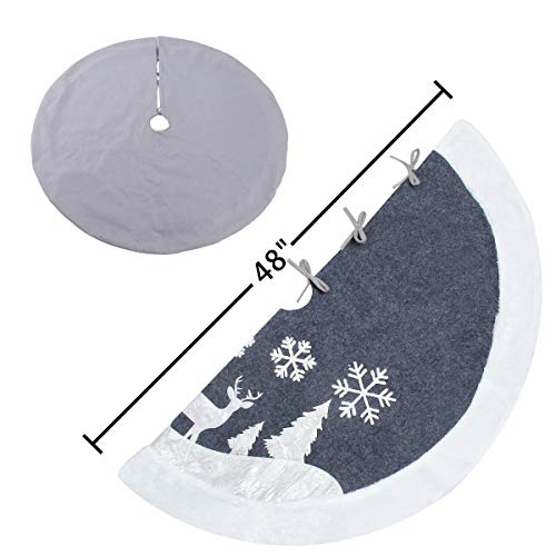 White Fur Christmas Tree Skirt with Deer and Snowflake Pattern 36 inches V9970