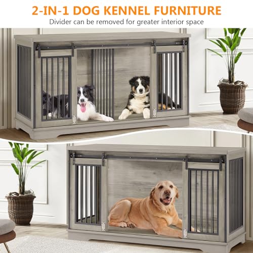 Grey 60.6 Inch Double Dog Crate Furniture with Divider B1190