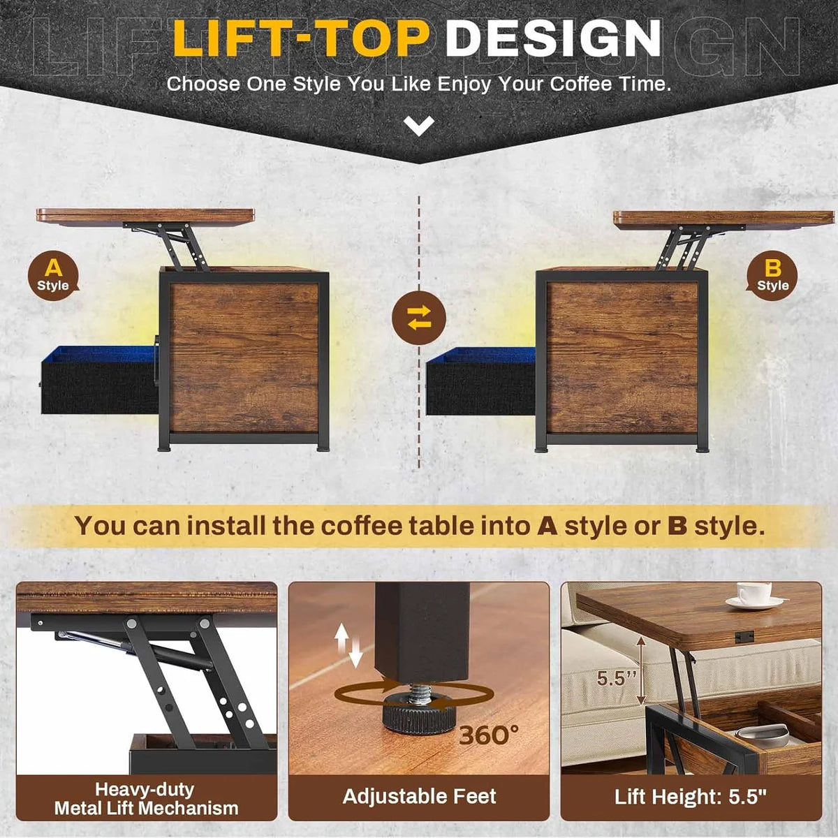 Rustic Brown 40" Lift Top Coffee Table with Storage Cabinet and 2 Fabric Drawers U382