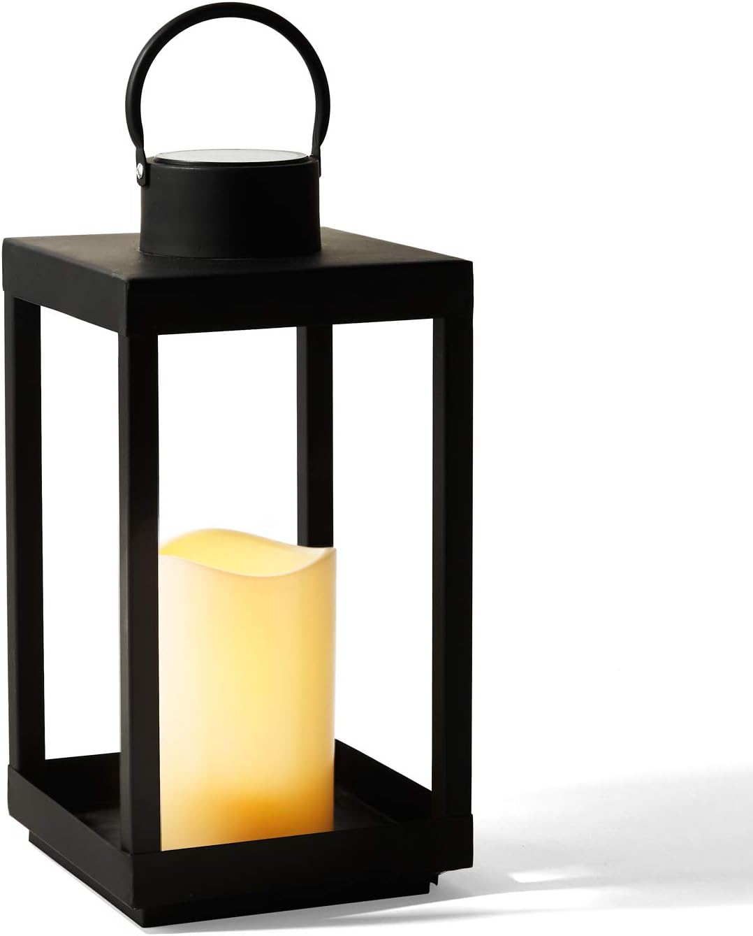 Large Outdoor Lantern with Solar Candle, 18 Inch Tall, Matte Black Metal Frame, Waterproof Flameless Pillar Candle H14894