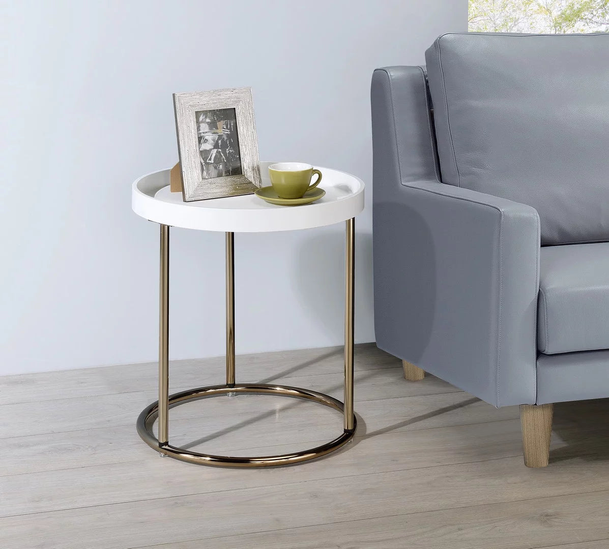 White Mid-Century Side Table with Copper Legs A71404