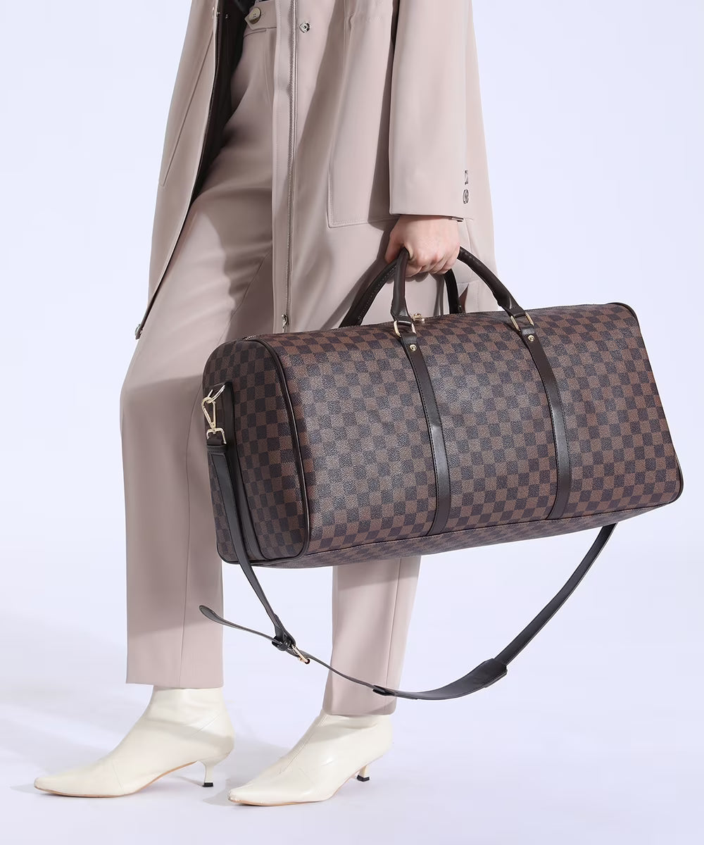 Brown Checkered Travel Duffel Bag Y696520