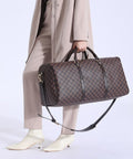 Brown Checkered Travel Duffel Bag Y696520