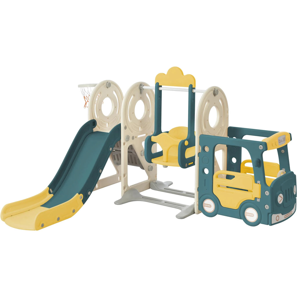 5-in-1 Kids Slide and Swing Set with Bus Playhouse, Basketball Hoop, Climber, Green B348928