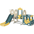 5-in-1 Kids Slide and Swing Set with Bus Playhouse, Basketball Hoop, Climber, Green B348928