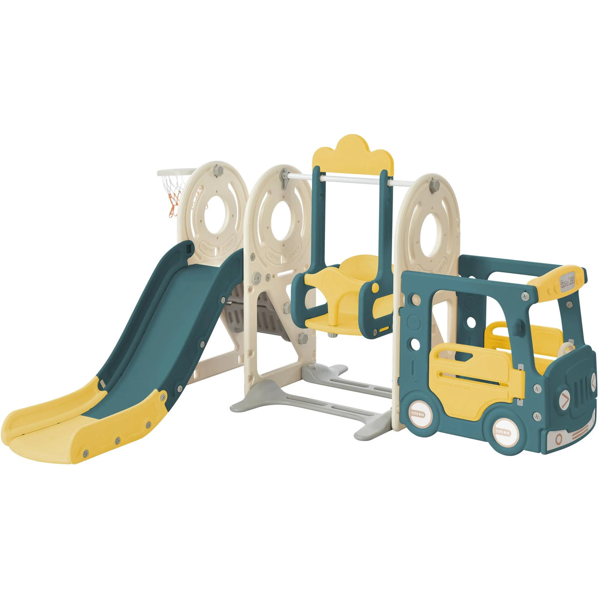 5-in-1 Kids Slide and Swing Set with Bus Playhouse, Basketball Hoop, Climber, Green B348928