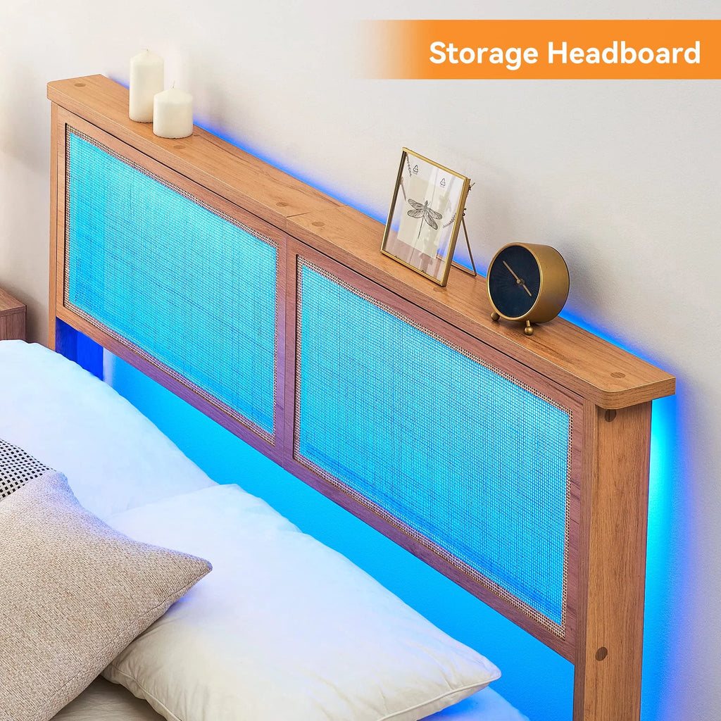 Full Size Platform Bed Frame with Rattan Headboard and Storage P665