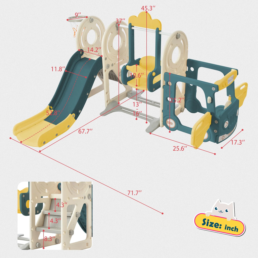 5-in-1 Kids Slide and Swing Set with Bus Playhouse, Basketball Hoop, Climber, Green B348928