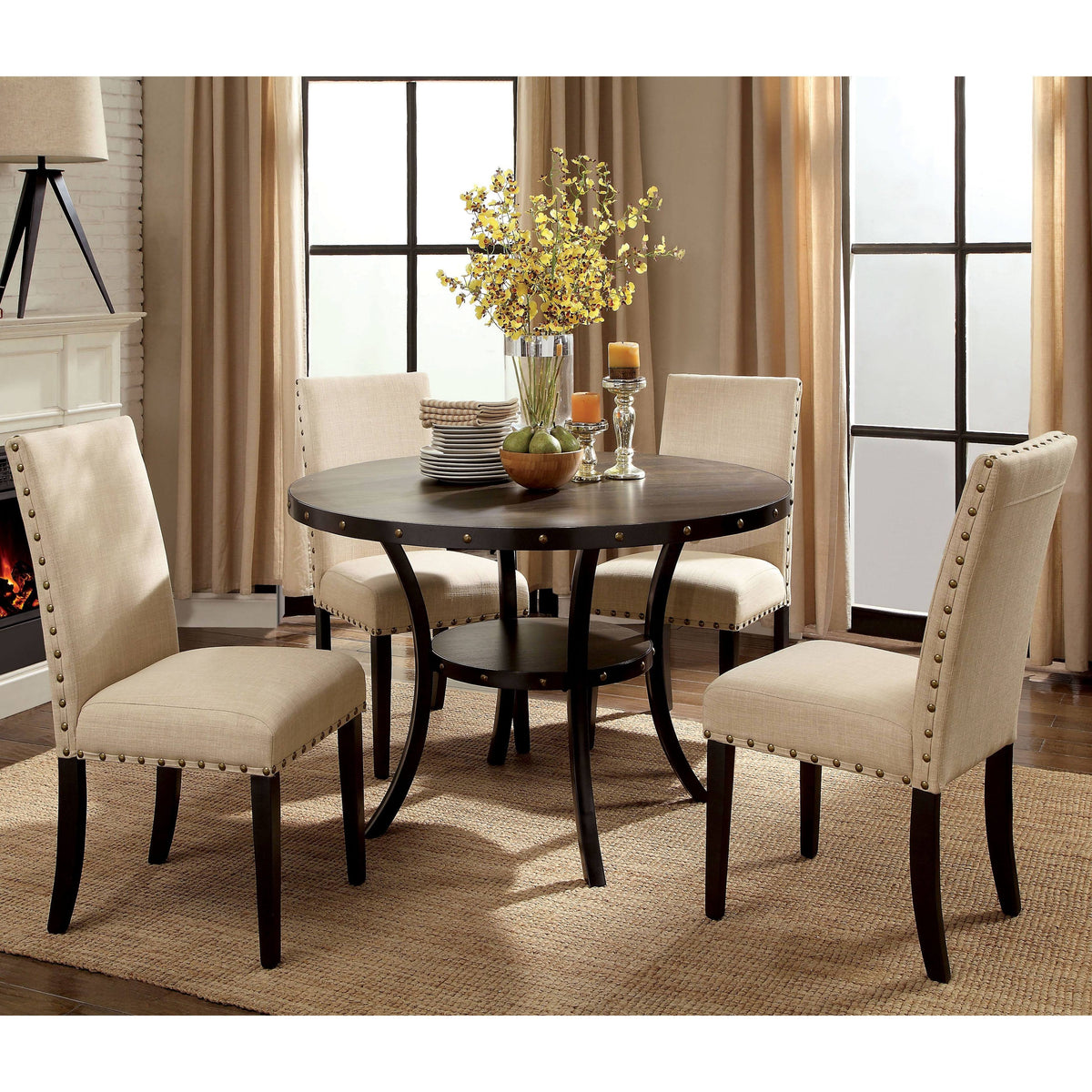 Walnut-Finished Wood/Veneer 48-Inch Round Industrial Dining Table R323
