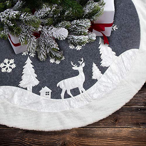 White Fur Christmas Tree Skirt with Deer and Snowflake Pattern 36 inches V9970