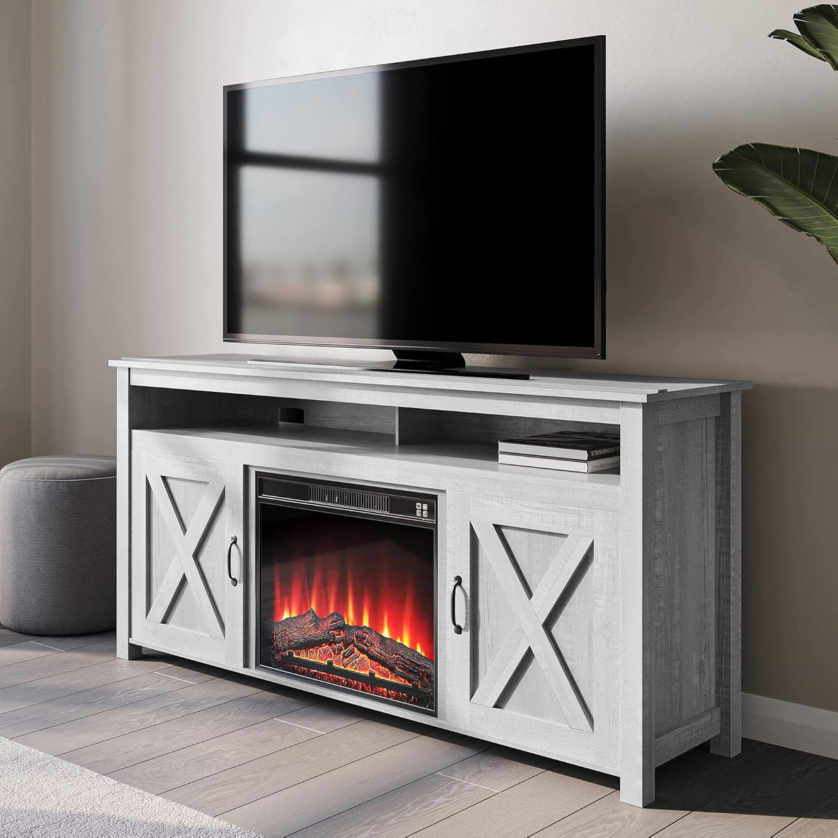 Modern Barn Door Wood Electric Fireplace TV Stand with Two Open Shelves and Cabinets Y69807