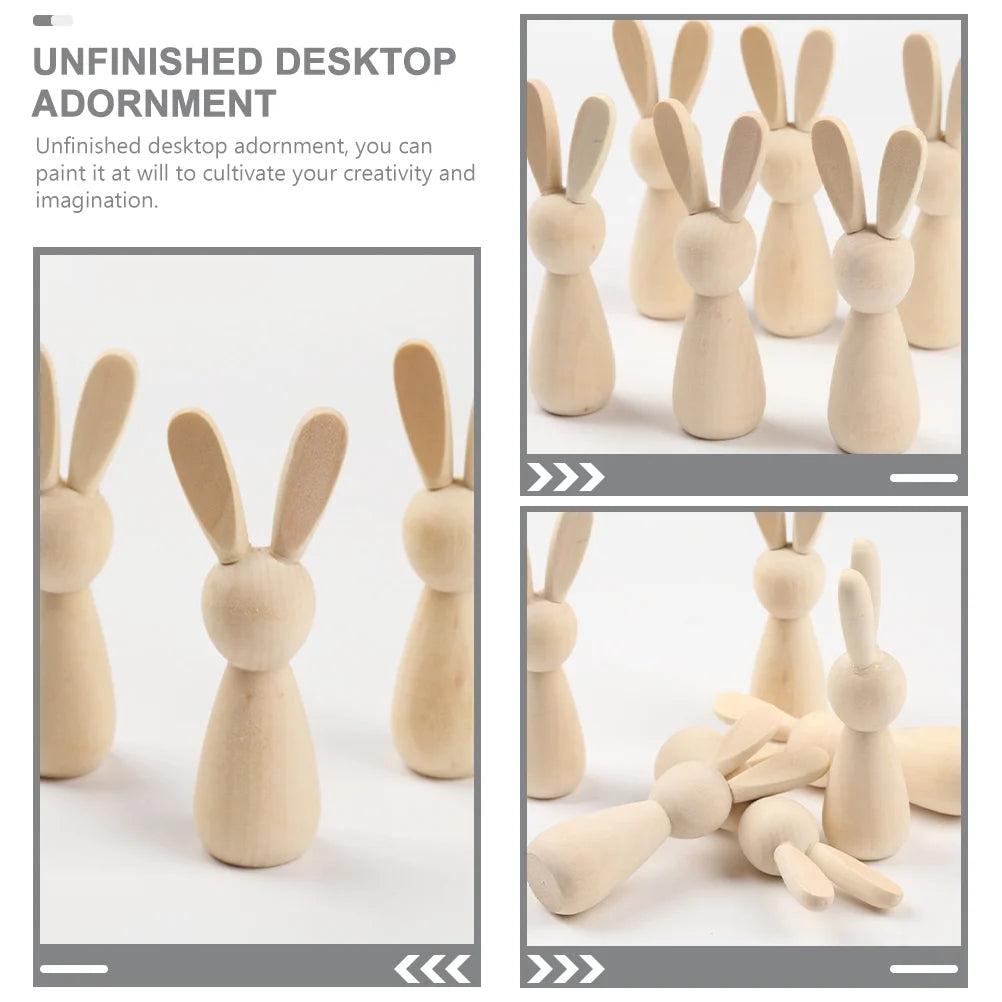 6Pcs Unpainted Natural Wooden Bunny Dolls S4439