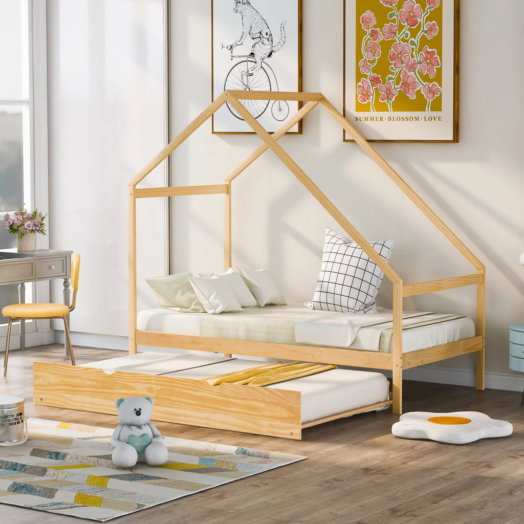 Twin Size Wooden House Bed with Trundle J3617
