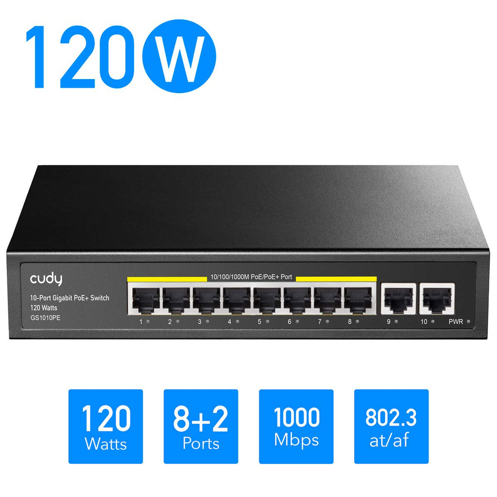 8 Port Gigabit PoE+ Switch, 120 Watts PoE Budget, Pack of 2 G7876