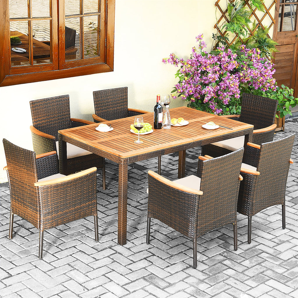7 Pc Patio Rattan Dining Set Cushioned Chair Wooden Tabletop U7356