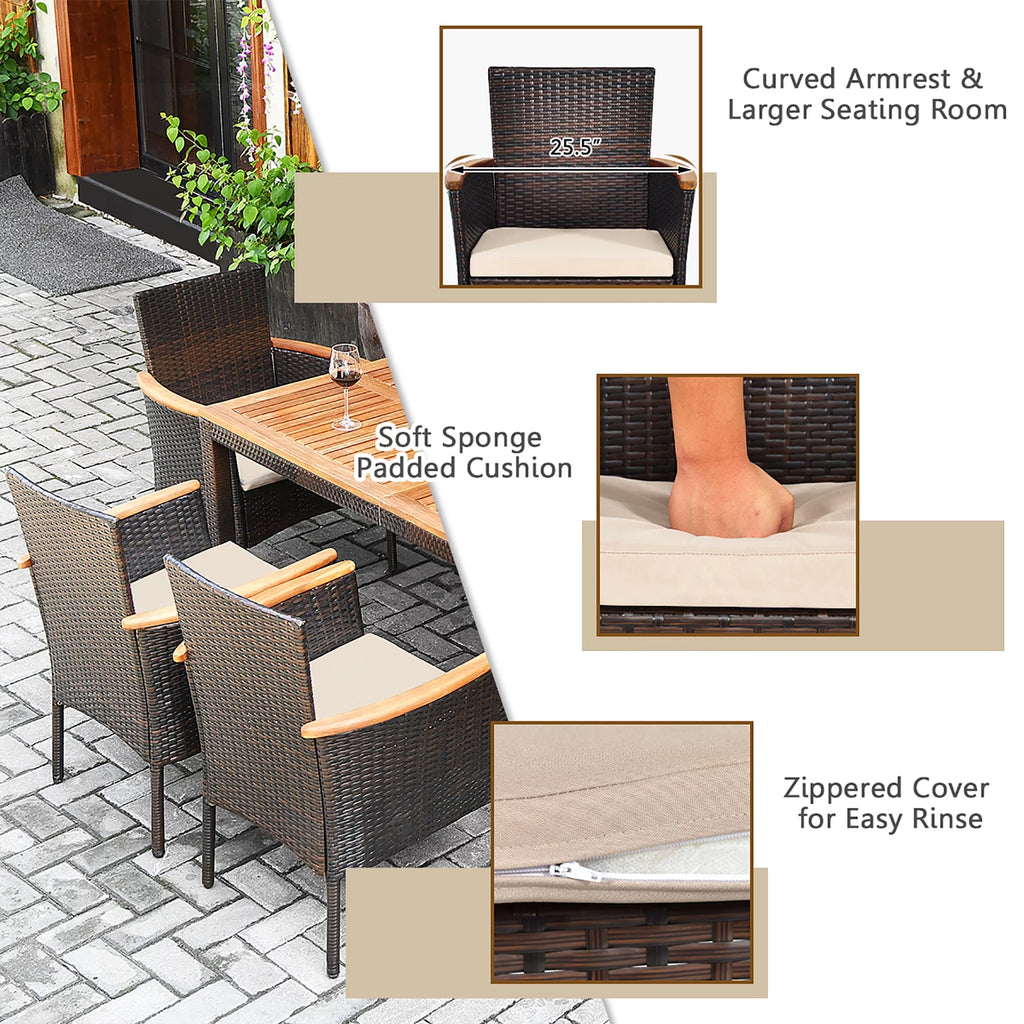 7 Pc Patio Rattan Dining Set Cushioned Chair Wooden Tabletop U7356