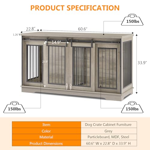 Grey 60.6 Inch Double Dog Crate Furniture with Divider B1190