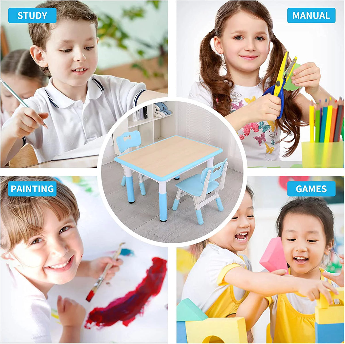 Kids Height Adjustable Plastic Study Table and Chairs Set I821