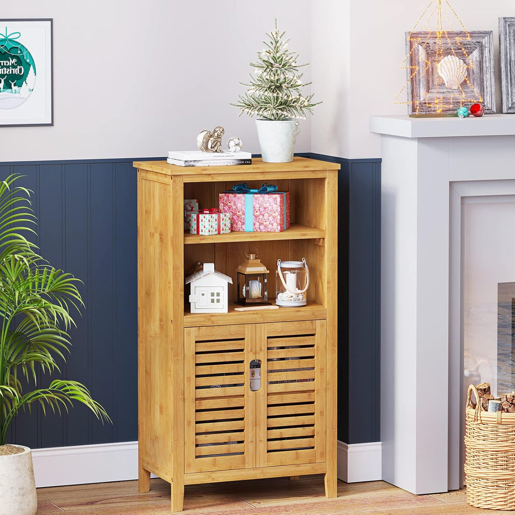 Bamboo Storage Cabinet with Double Doors and Open Shelves E4708
