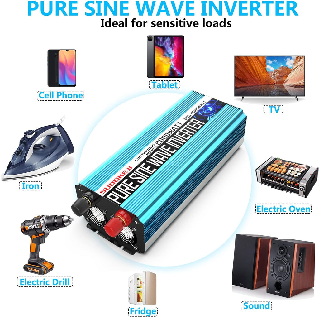 2000W Pure Sine Wave Power Inverter 12V DC to AC 110V/120V Converter with LCD Display G70635