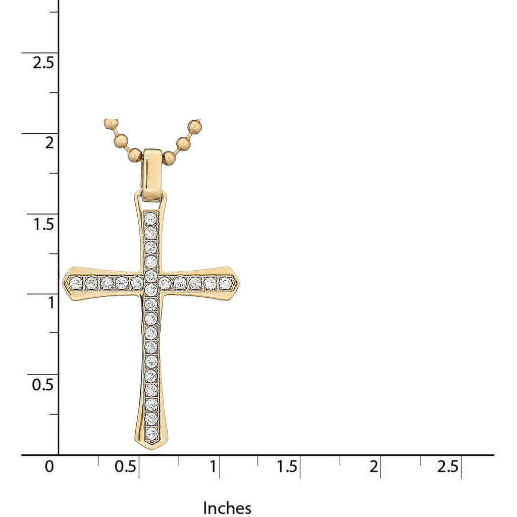 CZ Stainless Steel Gold-Tone Cross Pendant, 24" Chain T3367