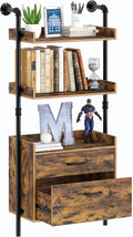 Industrial Bookshelf with 2 Wood Drawers, Wall Mounted 3-Tier Bookcase, Rustic Brown C9893