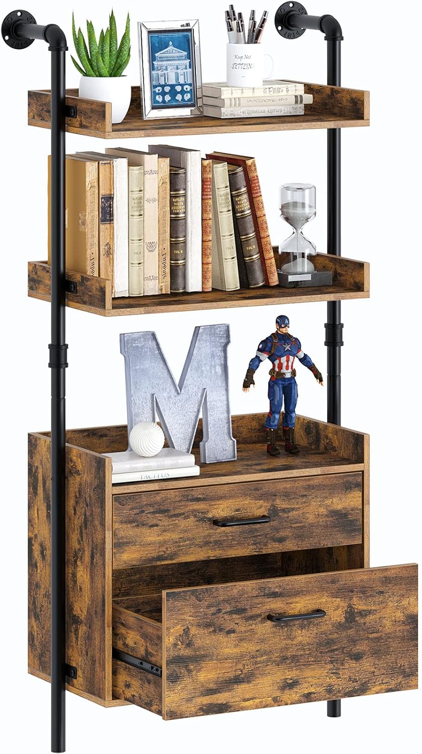Industrial Bookshelf with 2 Wood Drawers, Wall Mounted 3-Tier Bookcase, Rustic Brown C9893