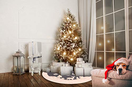 White Fur Christmas Tree Skirt with Deer and Snowflake Pattern 36 inches V9970